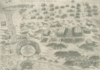 De Slag (versimpeld) weergegeven in een tekening, met bovenin Maurits' troepen / Bron: Pieter Bast, Wikimedia Commons (Publiek domein)